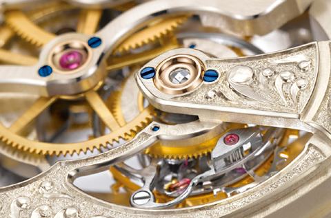detail van het uurwerk van de A. Lange & Söhne Richard Lange Tourbillon ?Pour le Mérite - Handwerkskunst"