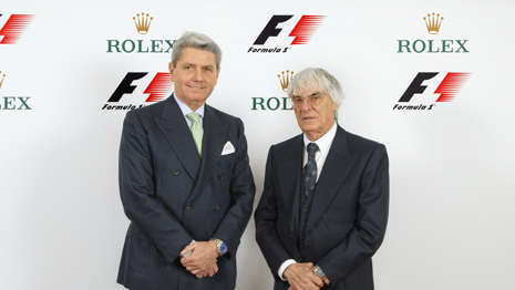 Vlnr: Gian Riccardo Marini, CEO van Rolex SA en Bernie Ecclestone, CEO van de Formula One group © Rolex / Eddy Mottaz