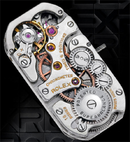 het "Baguette" vormige uurwerk van de Rolex Prince