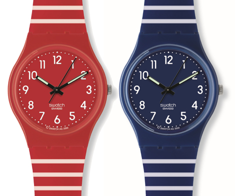 Swatch Stripes Collection horloges in rood en blauw