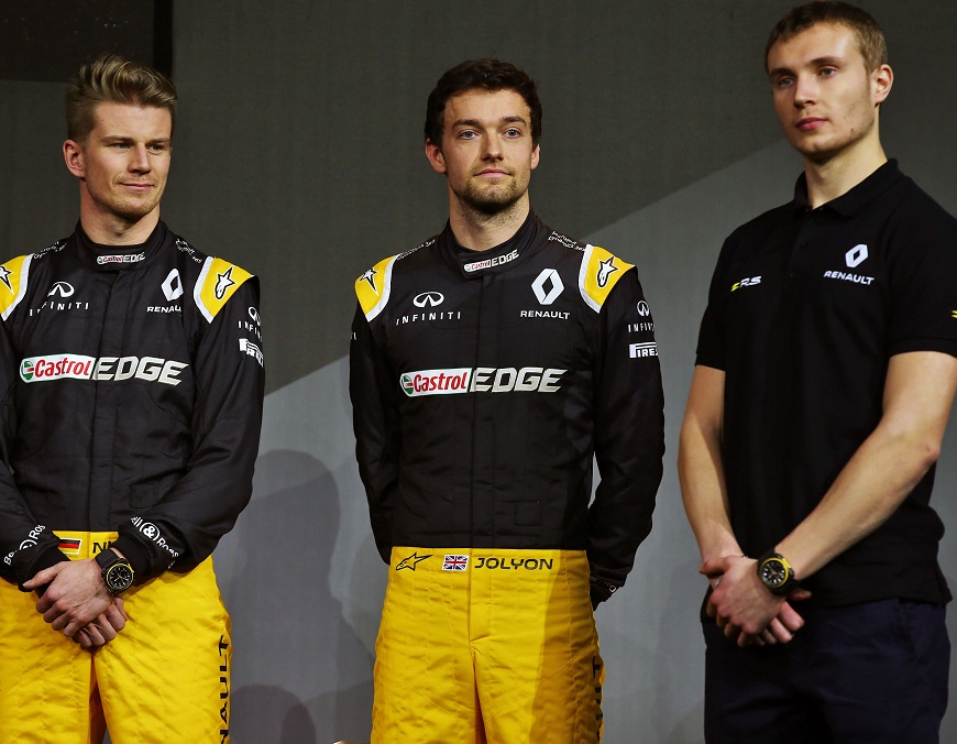 (L to R): Nico Hulkenberg (GER) Renault Sport F1 Team with Jolyon Palmer (GBR) Renault Sport F1 Team and Sergey Sirotkin (RUS) Renault Sport F1 Team Third Driver. Renault Sport Formula One Team RS17 Launch, Royal Horticultural Society Headquarters, London, England. Tuesday 21st February 2017.